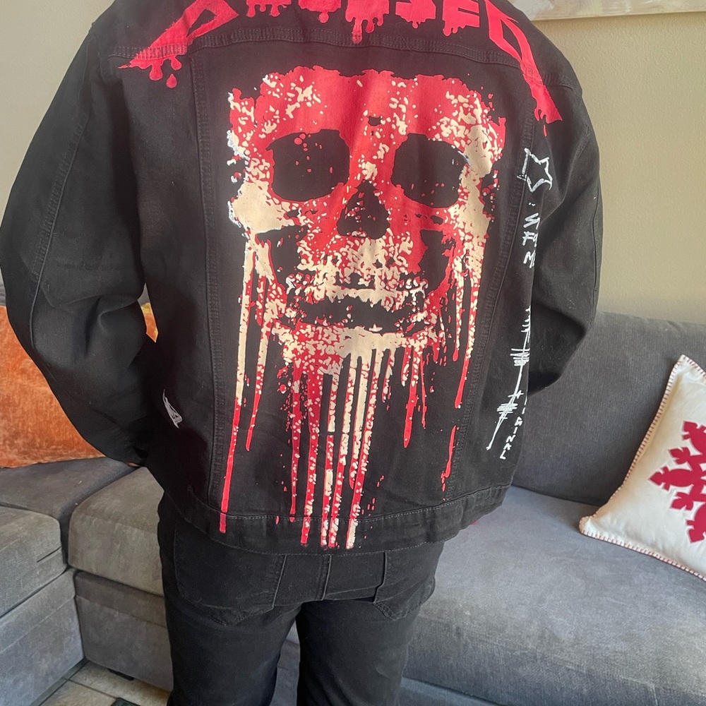 Fashion Nova Black and Red Varsity Jacket with Skull Design Set
